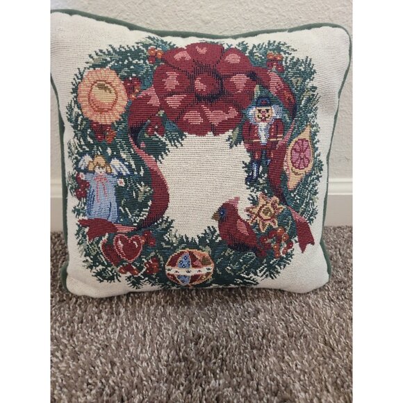 Needlepoint Tapestry Wreath Throw Pillow Nutcracker Angel Cardinal Christmas - Picture 2 of 13